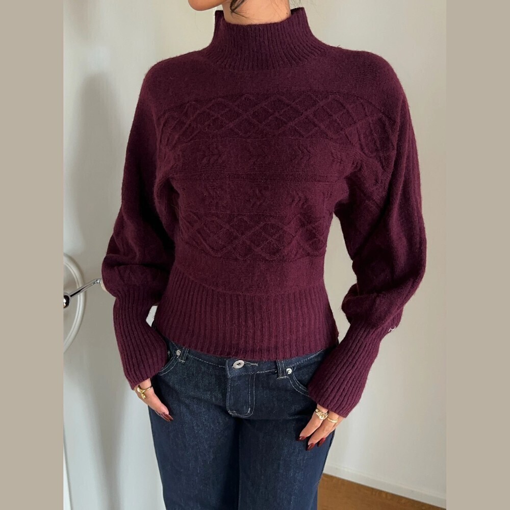 Burgundy Patterned Cable Knit Stand Collar Ribbed Cuff Fitted Sweater